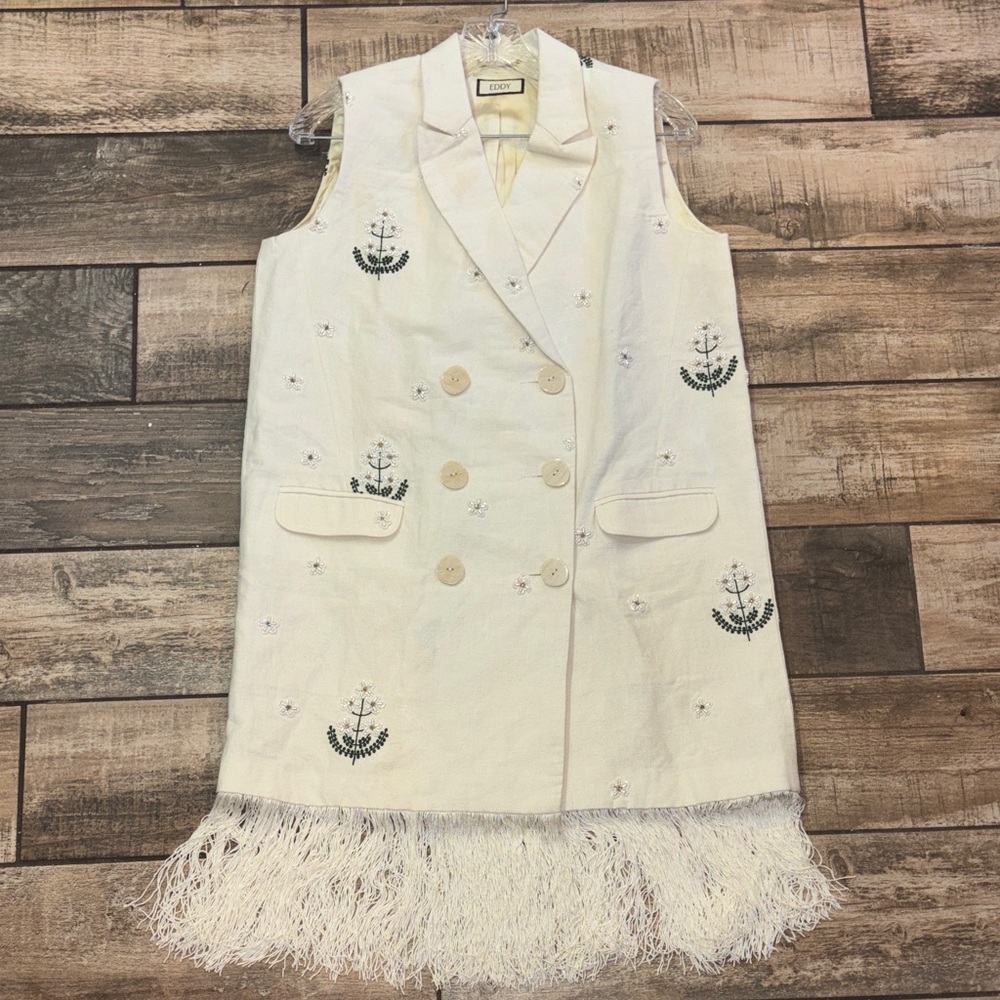 Eddy women’s size medium fringed Embroidered beaded Cream Midi Dress